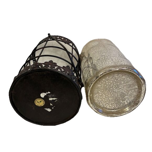 Decorative Metal And Speckled Glass Candle Holders. 2 Pieces. 8” W/out Handle - Picture 6 of 7